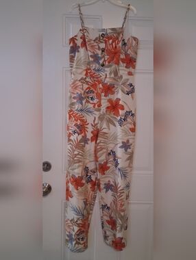Enfocus Studio Cream Tropical Floral Jumpsuit with Orange & Blue Print